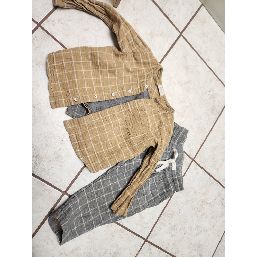 Buho‎ Baby 24M Gingham Plaid Cotton Button Up Shirt & Pants Set Tan Grey